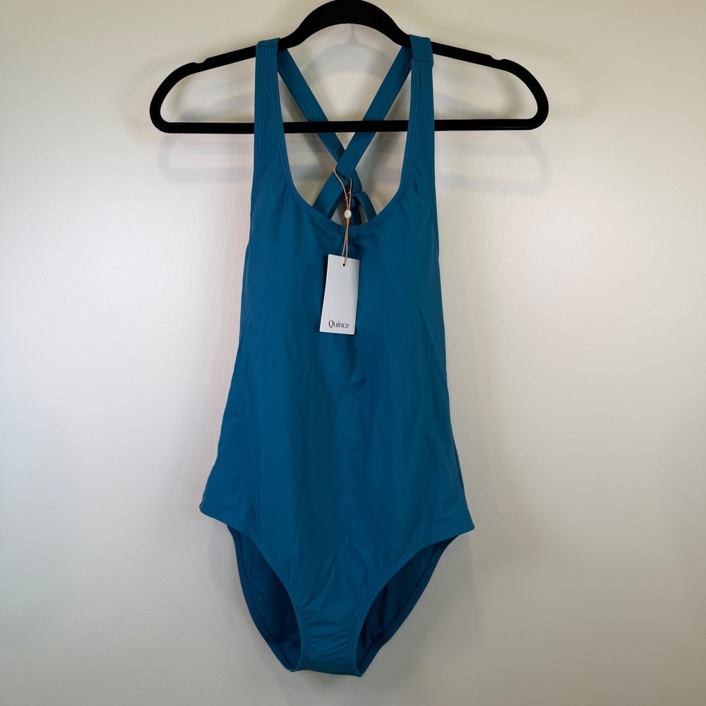 Quince Women Teal Blue One-Piece Swimsuit Cross Back Adjust Size L Bathing suit